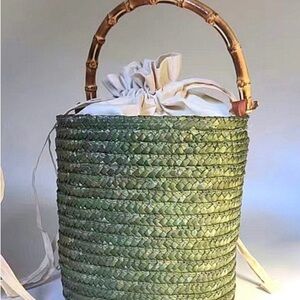 Green Woven Bucket Bag with Bamboo Handle